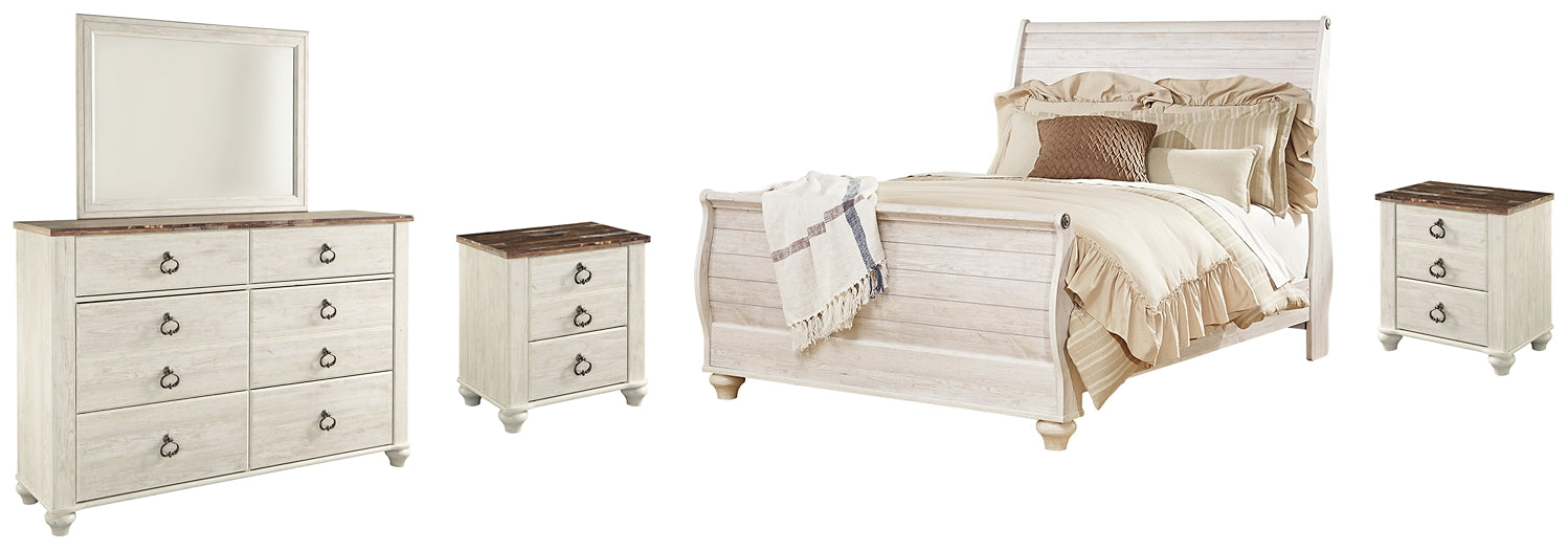 Willowton  Sleigh Bed With Mirrored Dresser And 2 Nightstands