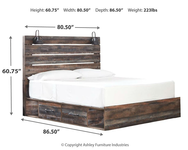 Drystan King Panel Bed with 2 Storage Drawers with Mirrored Dresser and Nightstand