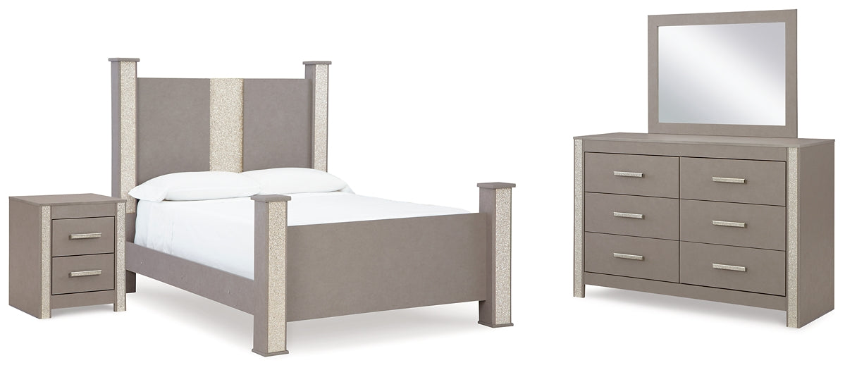 Surancha Queen Poster Bed with Mirrored Dresser and Nightstand